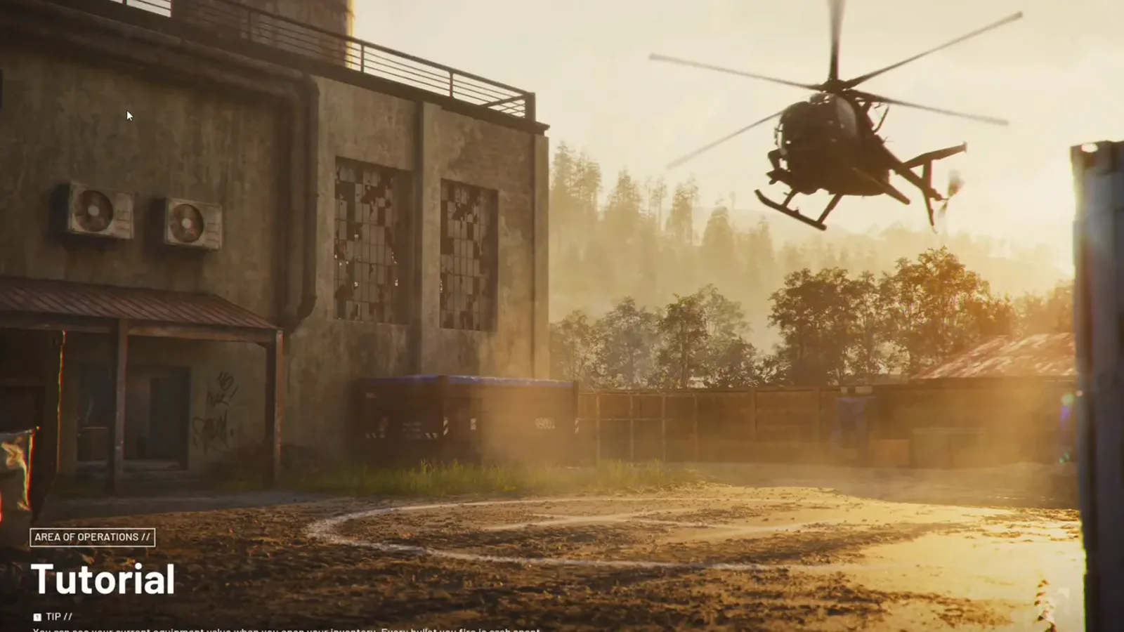 Lade-Titelkarte des WARDOGS-Tutorials mit der Aufschrift AREA OF OPERATIONS // Tutorial über dem sonnenbeschienenen Trainings-Helipad mit einem abhebenden Hubschrauber und einem Lade-Tipp darunter — der Bildschirm, der hängt, wenn das Tutorial nicht lädt