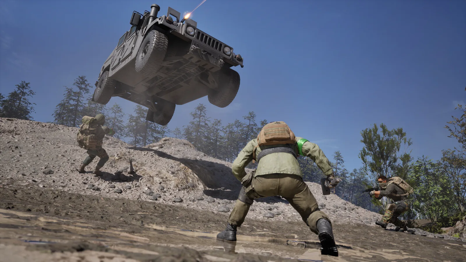 WARDOGS light utility recon vehicle jumping across desert sand dunes while squad mates provide covering fire