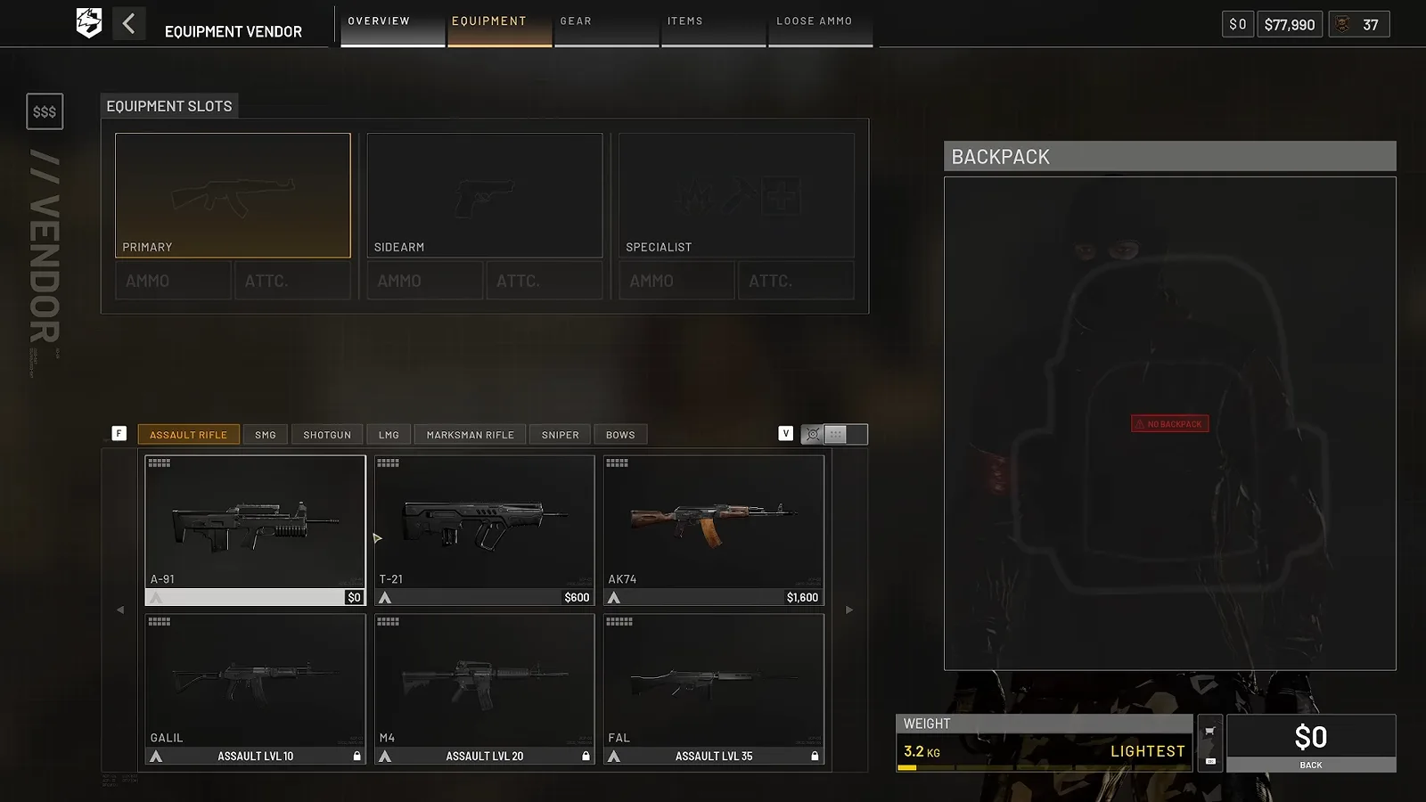 WARDOGS equipment vendor assault rifle tab listing A91, T21 and AK74 prices with Galil, M4 and FAL locked behind assault levels 10, 20 and 35