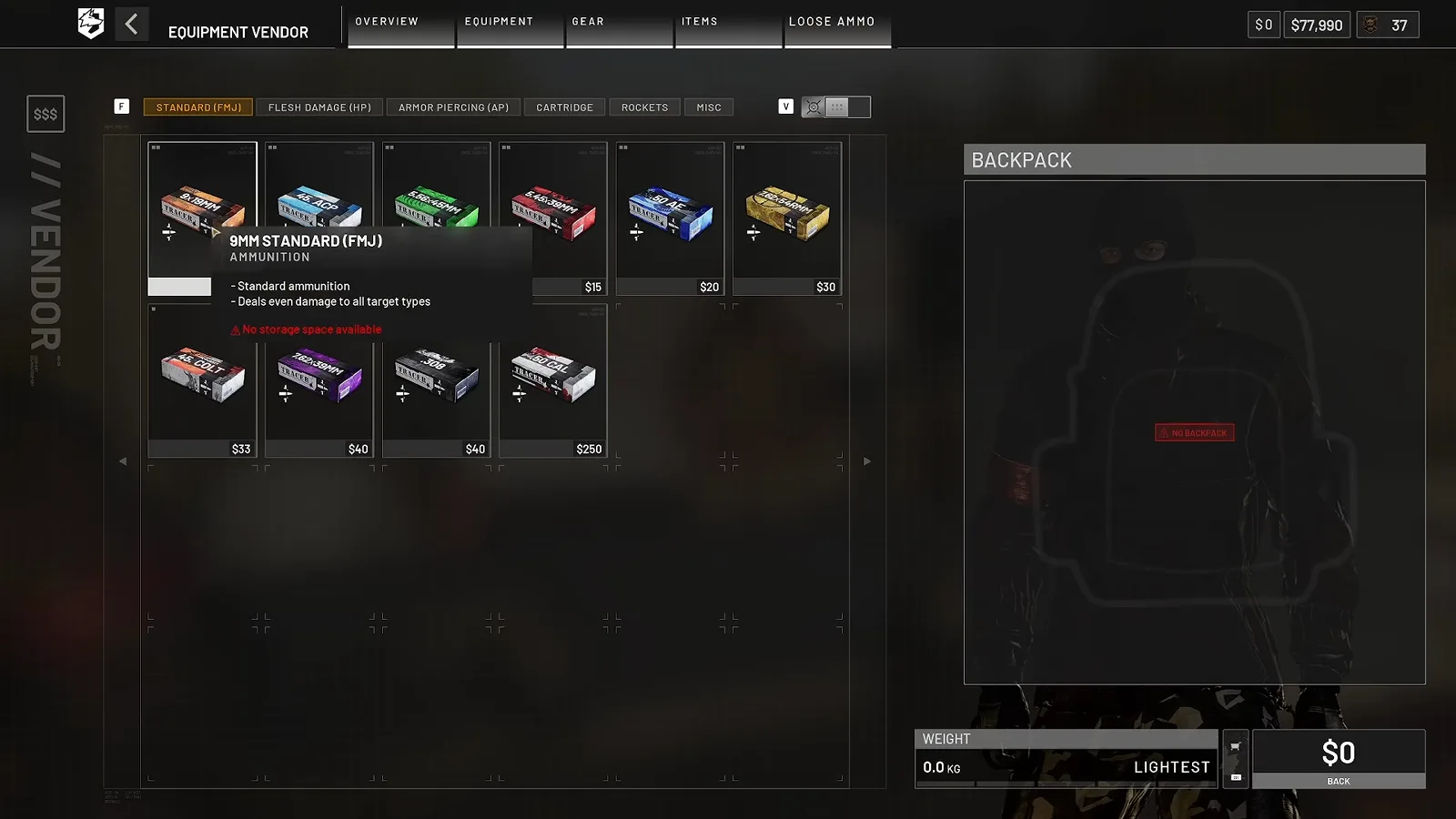 WARDOGS equipment vendor loose ammo tab with the standard, flesh damage and armor piercing categories and a nine millimetre full metal jacket ammo box description