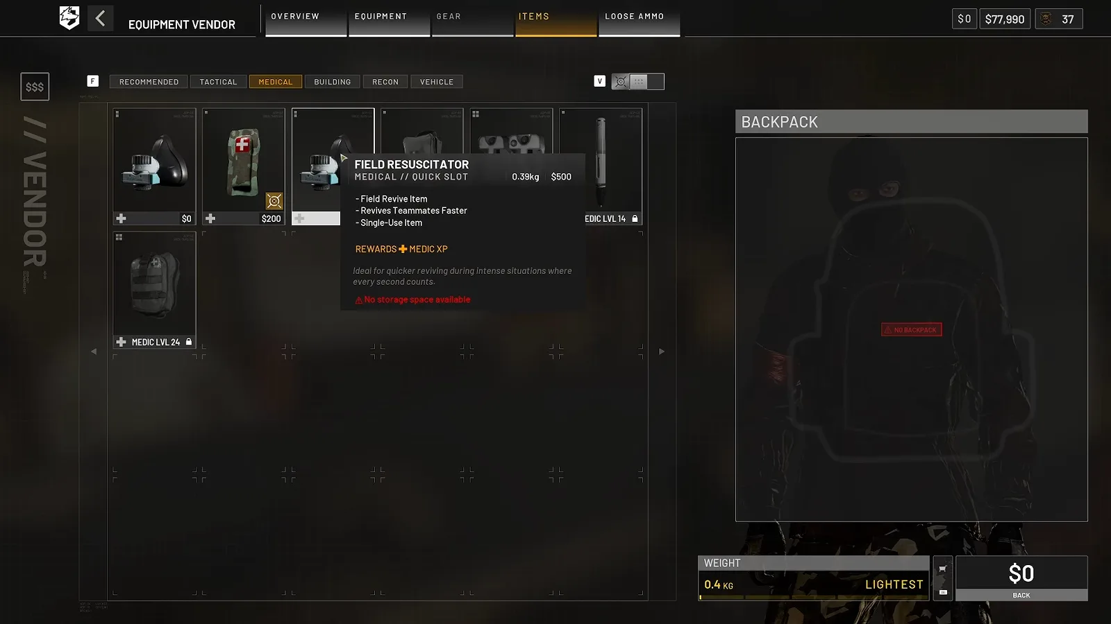 WARDOGS equipment vendor medical tab with a Field Resuscitator tooltip priced at $500 and other medical items locked behind medic levels 14 and 24
