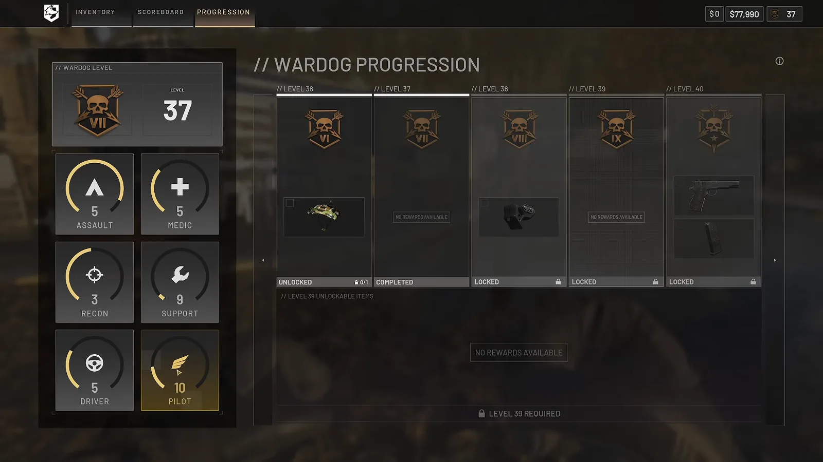 WARDOGS progression screen with the pilot class selected showing rank badge tiers for levels 36 through 40 with a level 39 requirement notice