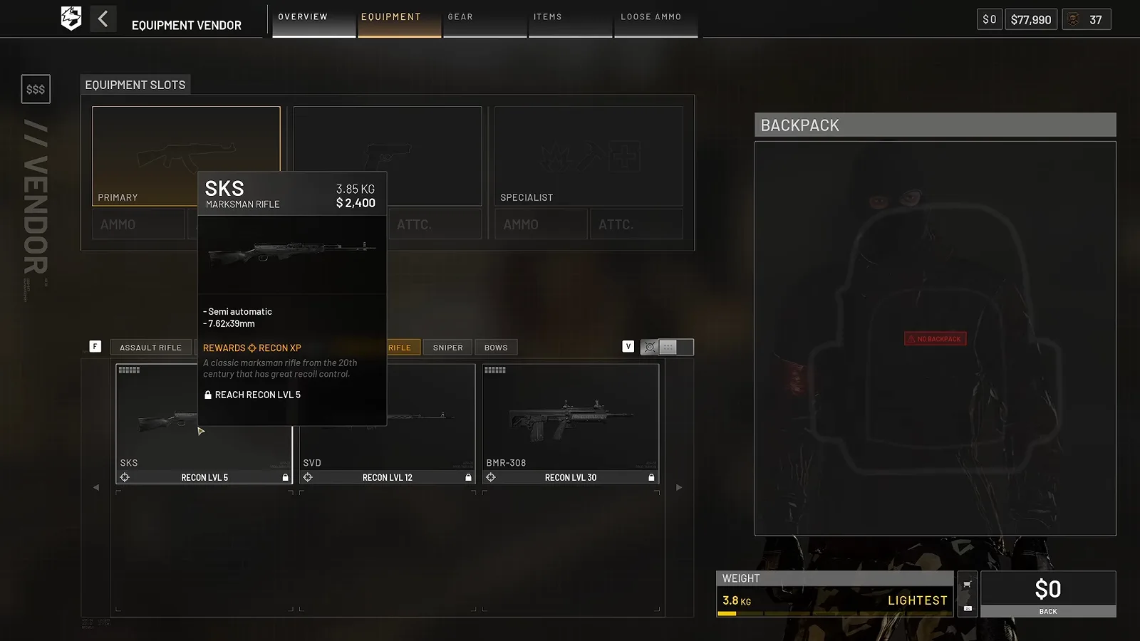 WARDOGS marksman rifle vendor with an SKS card priced at $2400 and a reach recon level 5 requirement, alongside SVD and BMR308 gates