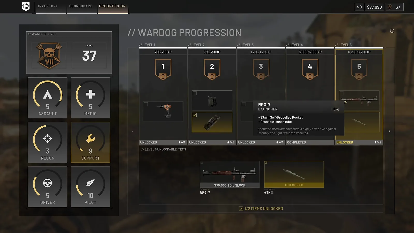 WARDOGS progression screen for the support class showing a light drill at ten thousand dollars and an RPG7 launcher at thirty thousand dollars for level five