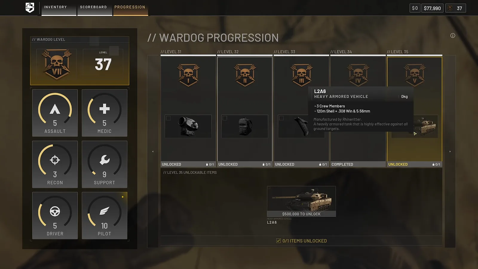 WARDOGS progression screen at level 35 showing the L2A6 heavy armored vehicle with a five hundred thousand dollar unlock price and a three crew tooltip