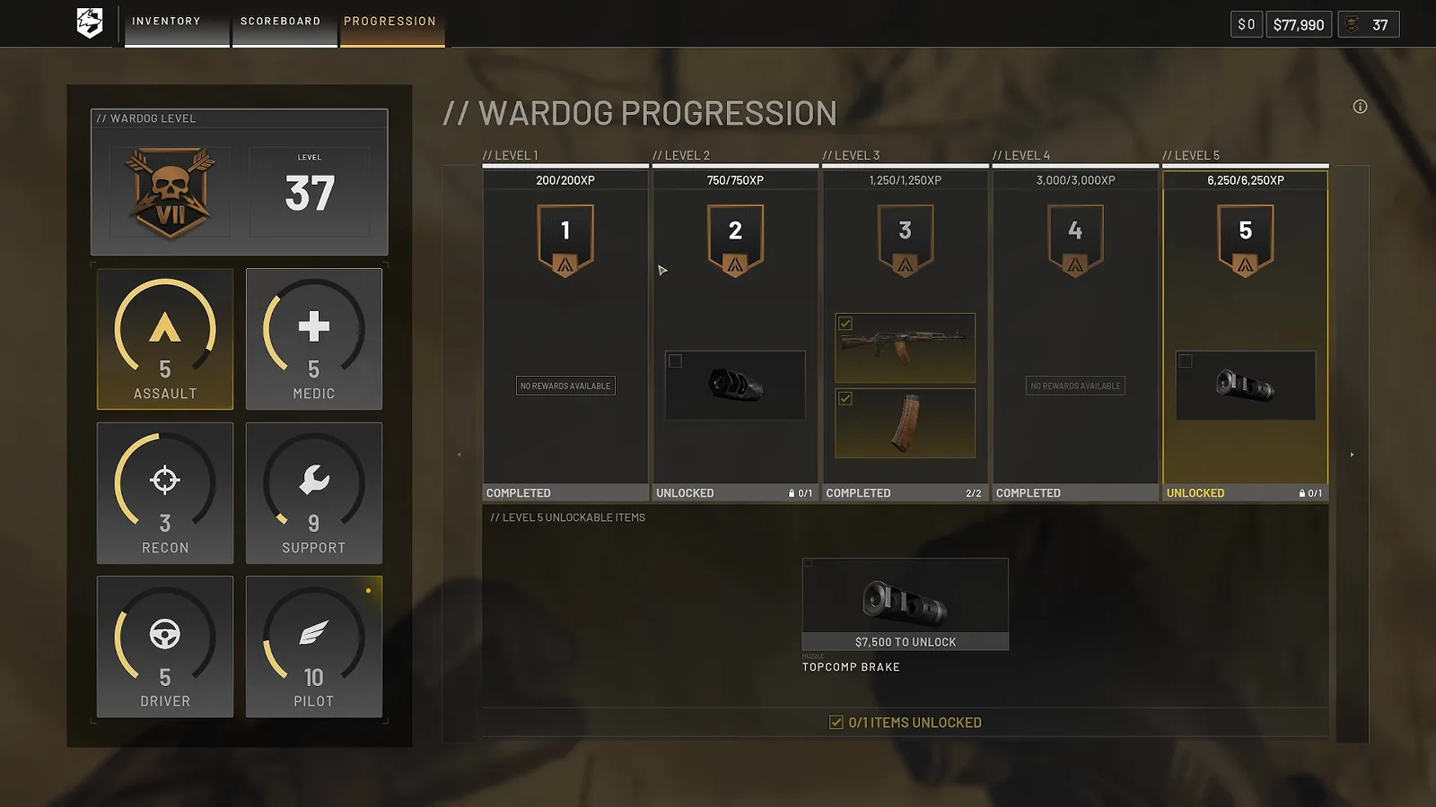 WARDOGS progression screen showing WARDOG LEVEL 37 above six class tiles for assault, medic, recon, support, driver and pilot