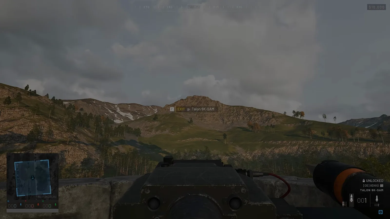 Completed compact anti-air FOB in WARDOGS with Brimstone perimeter walls, dual blast-door entrance, roof Hesco bunker, and mounted Anti-Air turret overlooking forested hills