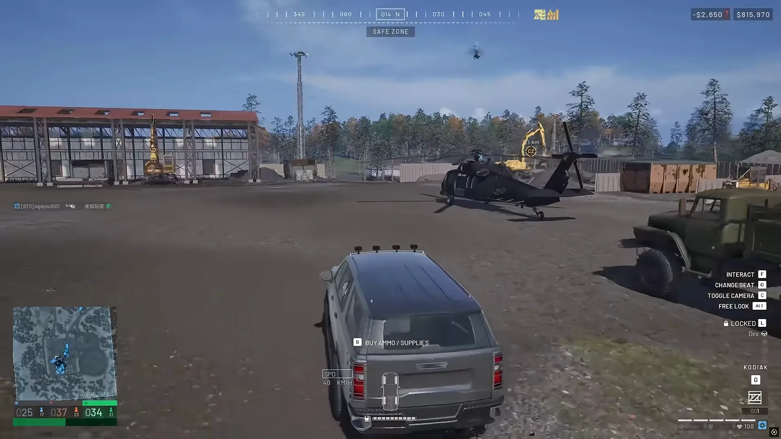 WARDOGS Kodiak pickup truck driving through an industrial military base compound during a passenger transport run toward a contested zone drop-off point for Driver XP rewards