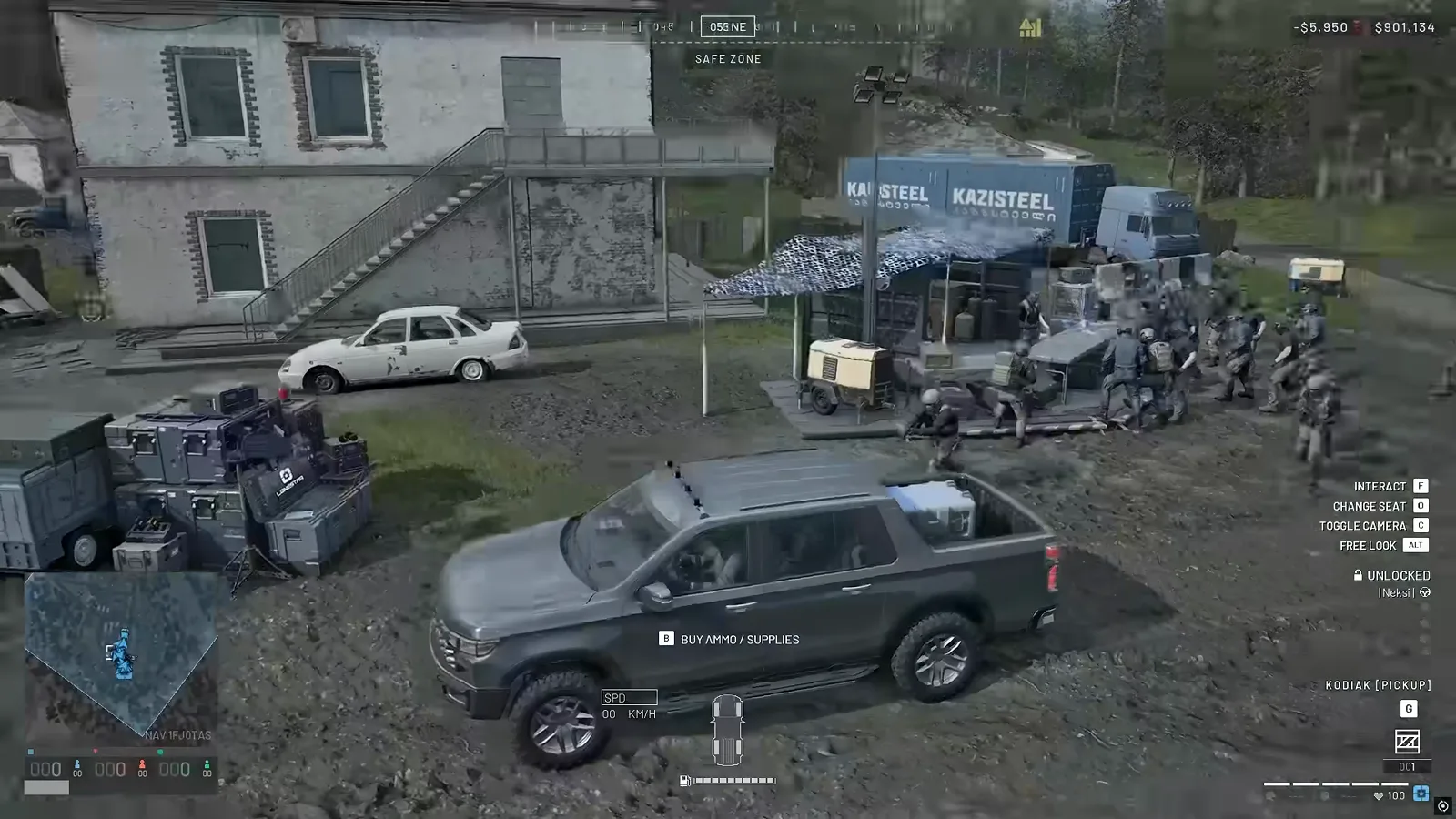 WARDOGS grey Kodiak starter pickup truck parked at a Kazisteel dock loading dock with a small supply crate sitting in the open truck bed ready for early Driver XP delivery