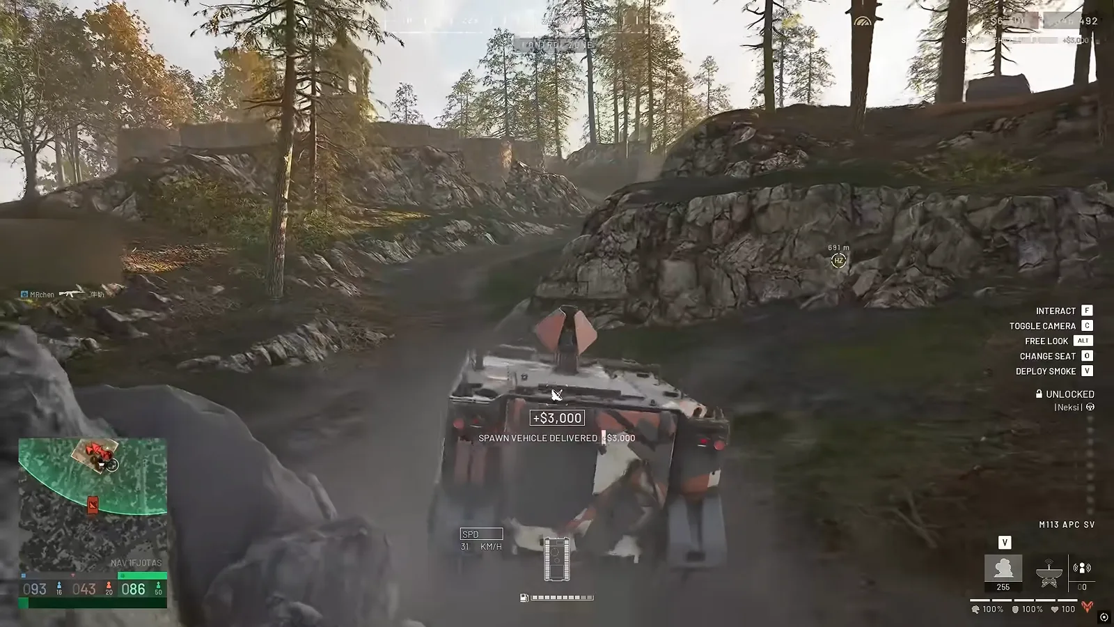 WARDOGS camouflaged spawn vehicle APC driving through a rocky forest trail toward the frontline combat zone for deployment and passive Driver XP assist rewards