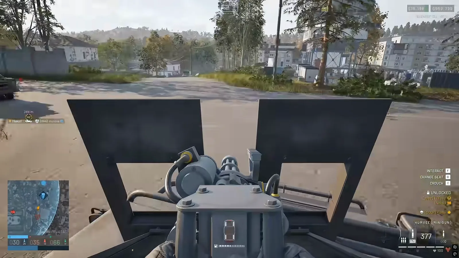 WARDOGS first-person armored vehicle gunner turret view through metal blast shields aiming at tree line targets while the driver earns shared Driver XP from passenger kills