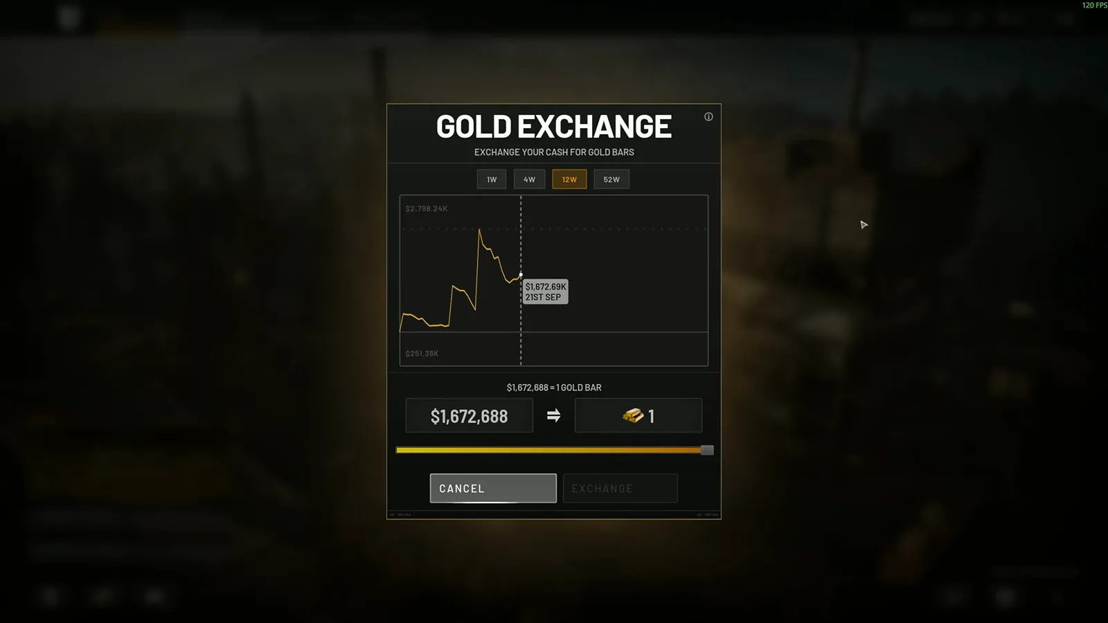 WARDOGS Gold-Exchange-Panel mit dem Tageskurs von $1.672.688 für einen Goldbarren, dem 12-Wochen-Preischart und dem Tausch-Button, mit dem Spieler Bargeld vor einem Season-Reset umtauschen