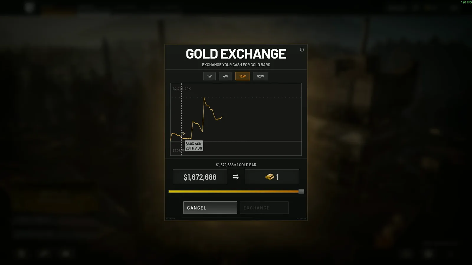 WARDOGS-Preisverlaufchart für Goldbarren im Gold-Exchange-Panel: Der Tageskurs steigt von $403.460 am 28. August Richtung $2.798.240-Spike zum Launch, bevor er sich nahe $1,67 Millionen beruhigt