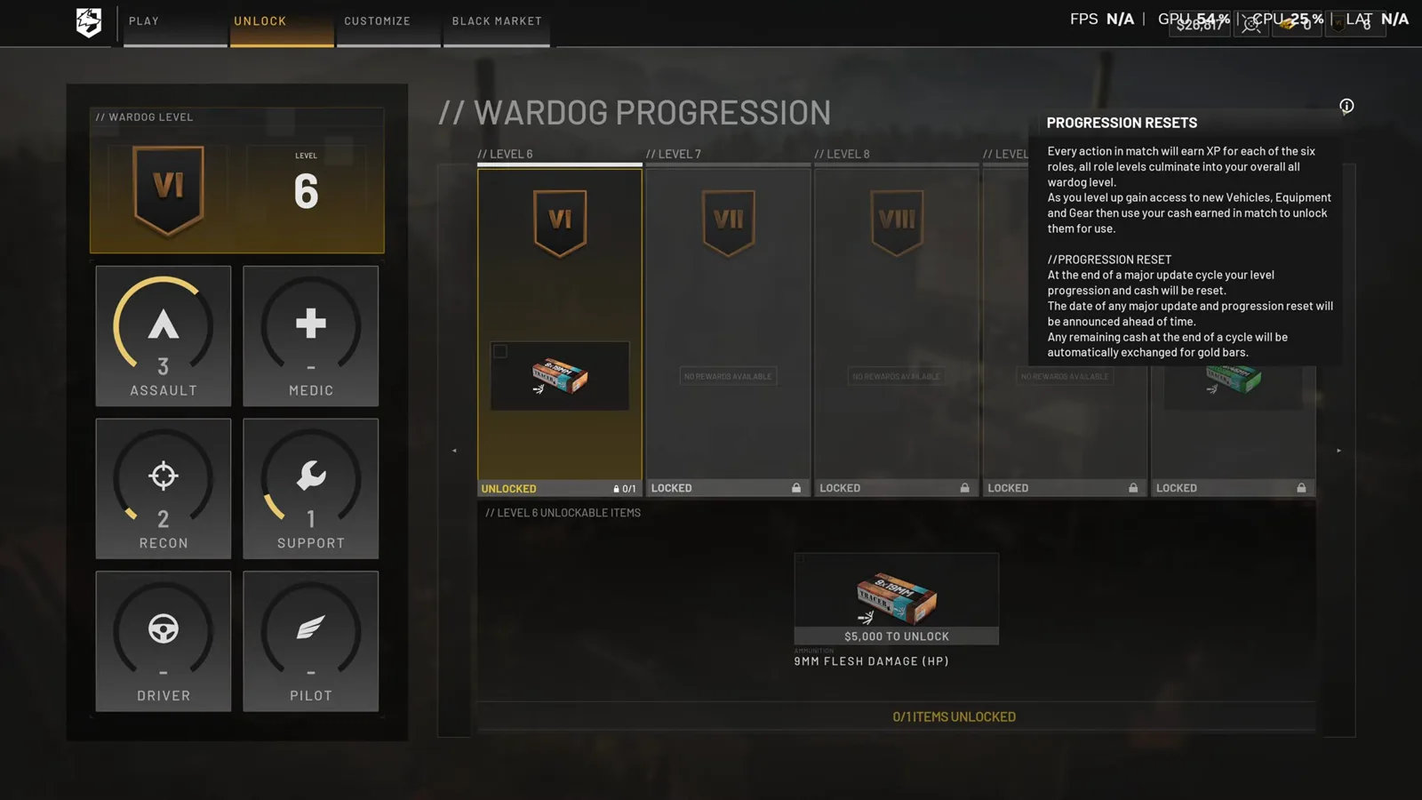 WARDOGS-Reset-Hinweis, geöffnet über das Info-Symbol im UNLOCK-Bildschirm, mit dem exakten In-Game-Text, dass Levelprogression und Bargeld am Ende eines großen Update-Zyklus zurückgesetzt werden und verbleibendes Bargeld automatisch in Goldbarren getauscht wird