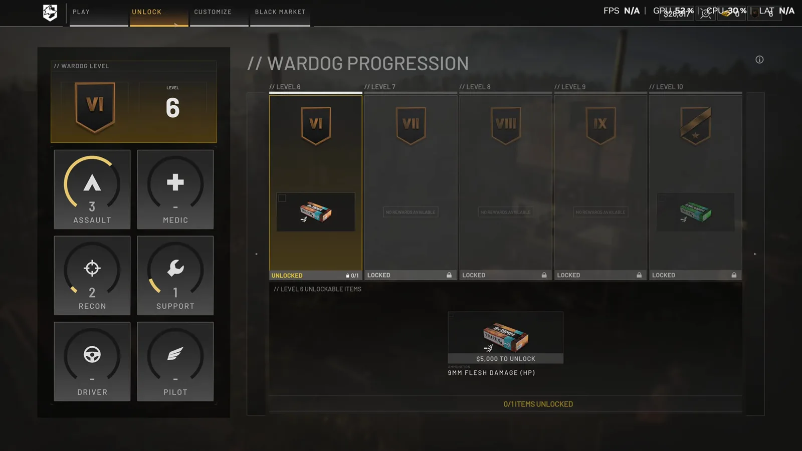 WARDOGS War-Dog-Progressionsbildschirm im UNLOCK-Menü mit Gesamtlevel 6 neben Assault Level 3, Recon Level 2 und Support Level 1 auf der Unlock-Route von Level 6 bis 10